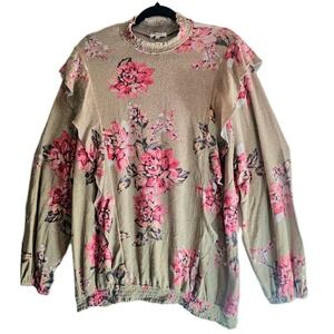 Plus 3X Floral Flowy Spring Sweater Top Womens Coral Colorful Balloon Sleeves